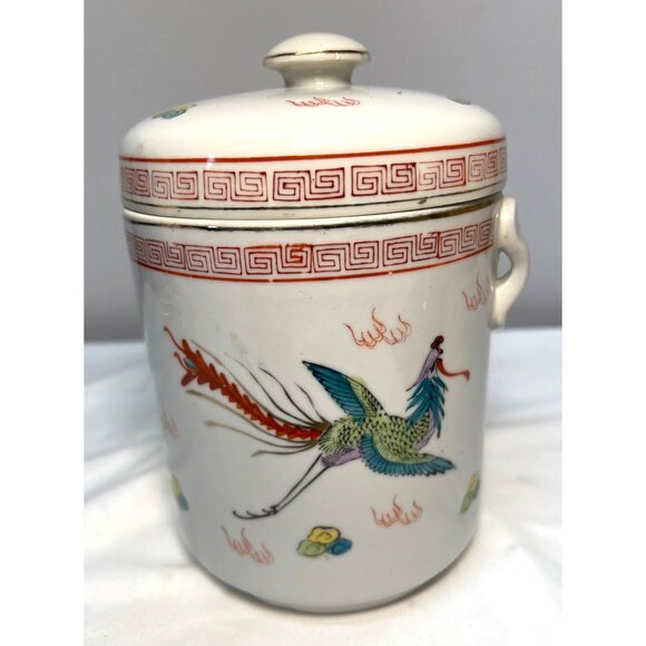 Vintage Chinese Double lid Hand Painted Dragon Phoenix Tea Caddy Satsuma - Picture 3 of 8